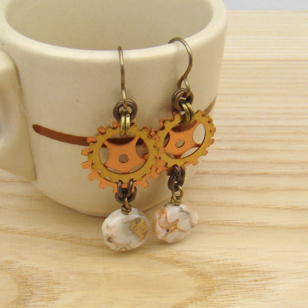 Steampunk gear earrings, mixed metal, creamy jasper beads