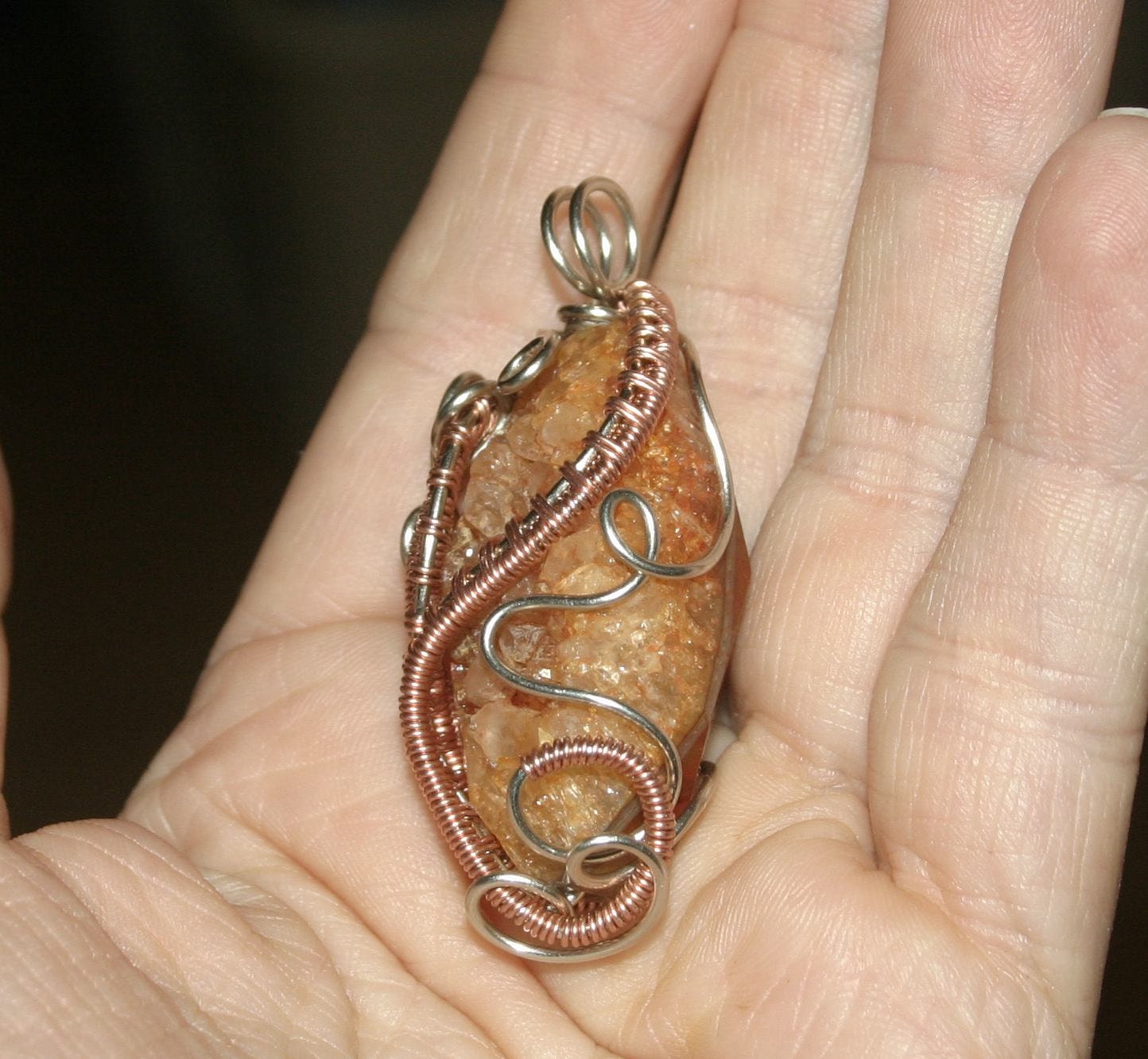 Gemstone Pendant, Woven Wire Wrapped Copper, German Silver and Brown Agate Drusy, Druzy, Gift for Her
