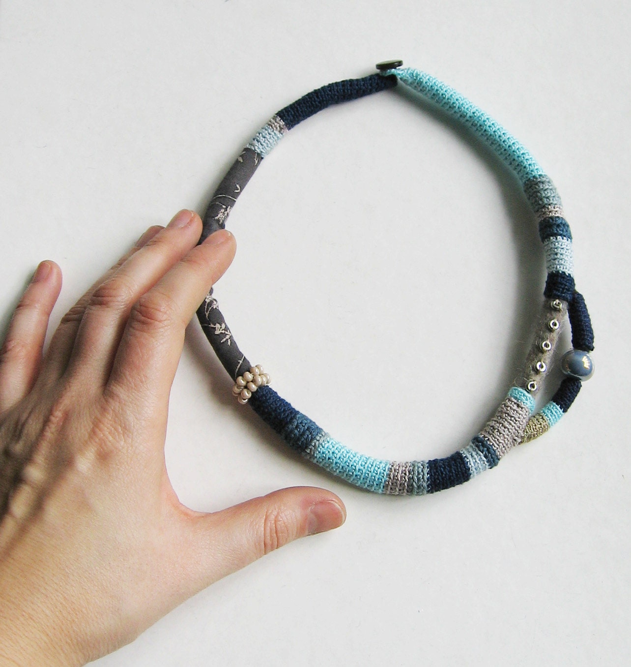 Blue and grey tribal crochet neckpiece