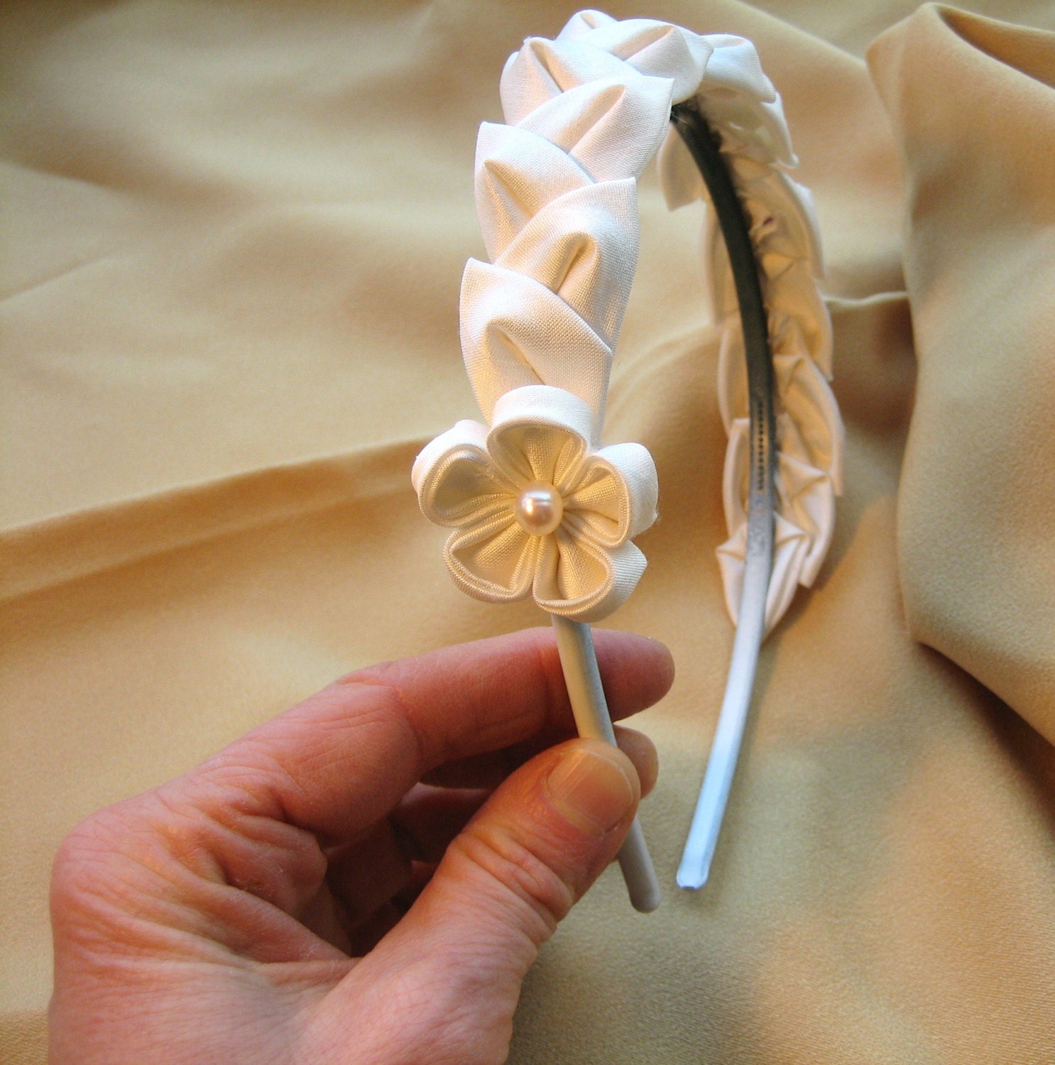 Ivory Bridal Headband: Kanzashi Silk Leaves