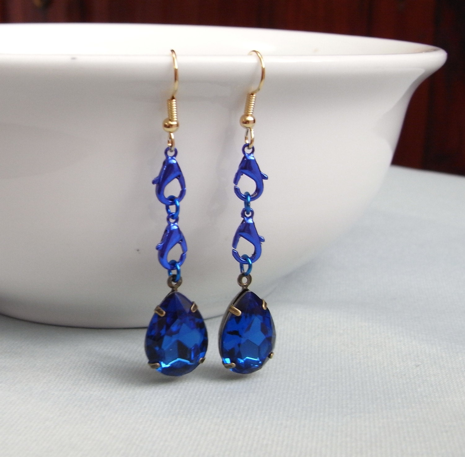 blue earrings, electric blue, salvaged supply, sparkling resin gemstones, colour therapy Saving Grace, blue