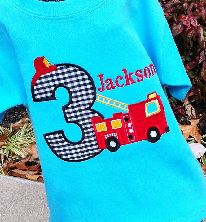 Boys Firetruck Tee with Age on Aqua