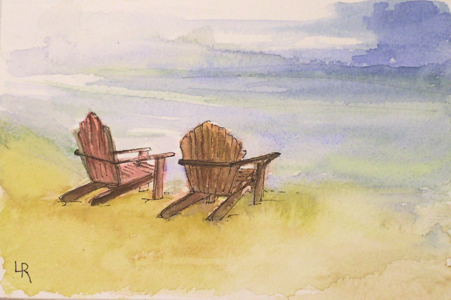 Watercolor Painting Illustration Landscape Ocean Beach Relax Original Artwork by Laurie Rohner