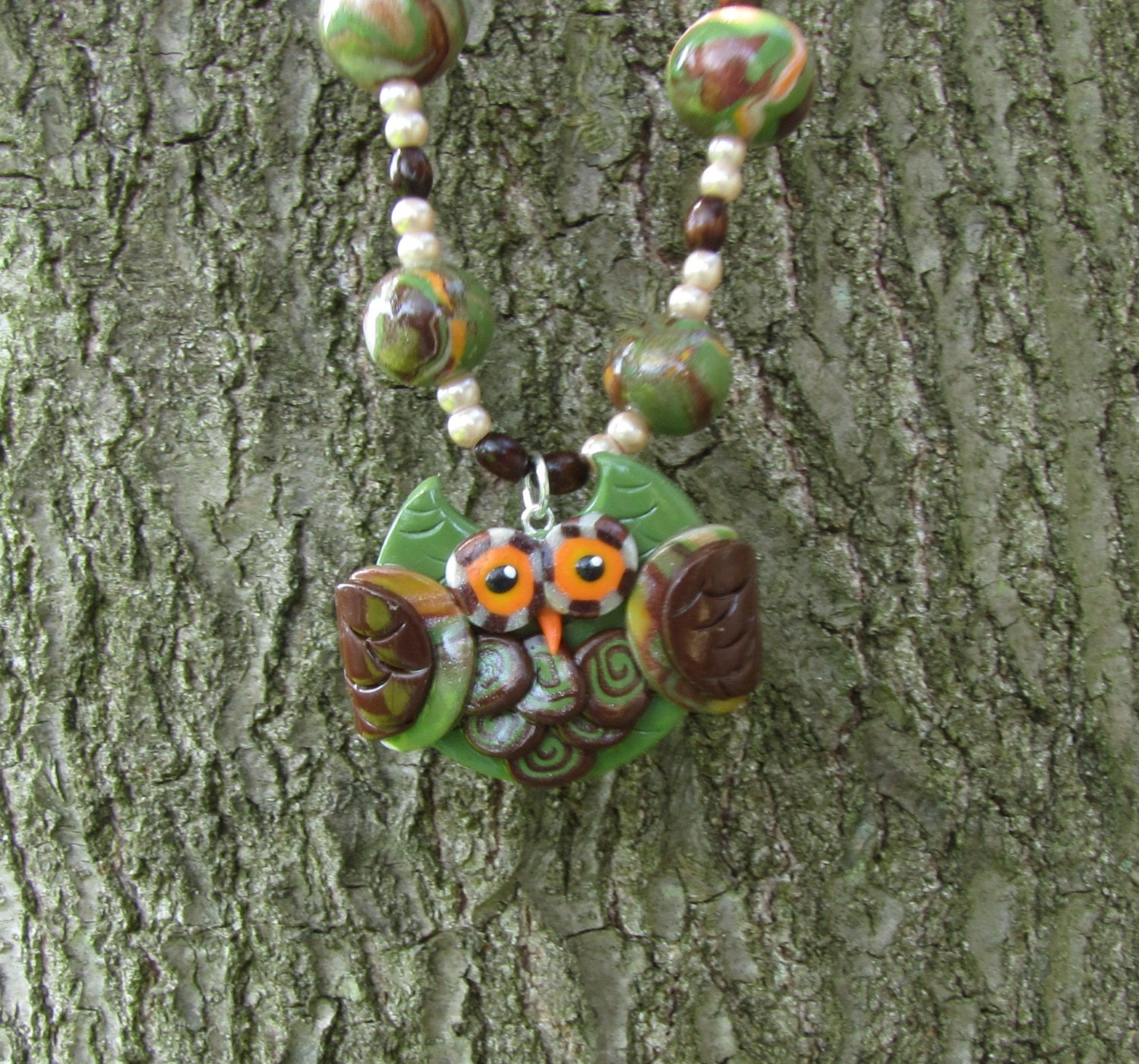 Earth Tone OWL Beaded Necklace - Hand Sculpted Polymer Clay - Roz Petalz Studio