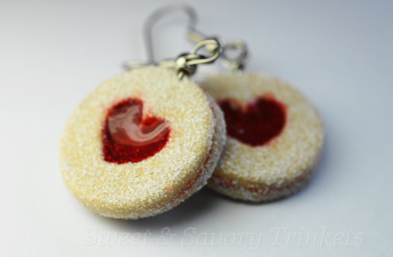Valentines Day Earrings, Strawberry Jam Filled Cookie Earrings, Miniature Food Jewelry, Surgical Steel Dangle Earrings