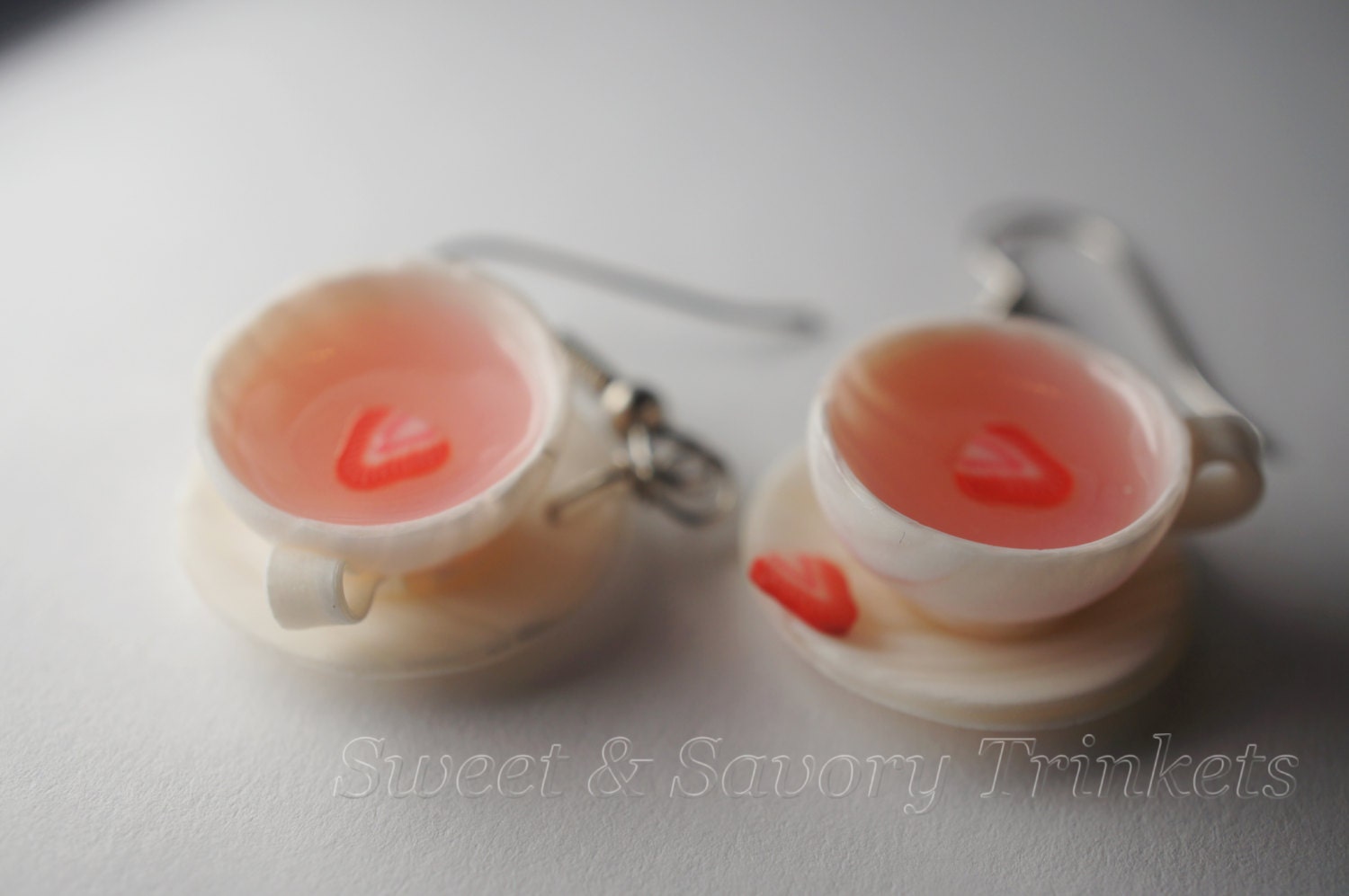 Strawberry Tea Earrings, Miniature Food Jewelry, Polymer Clay Food Earrings