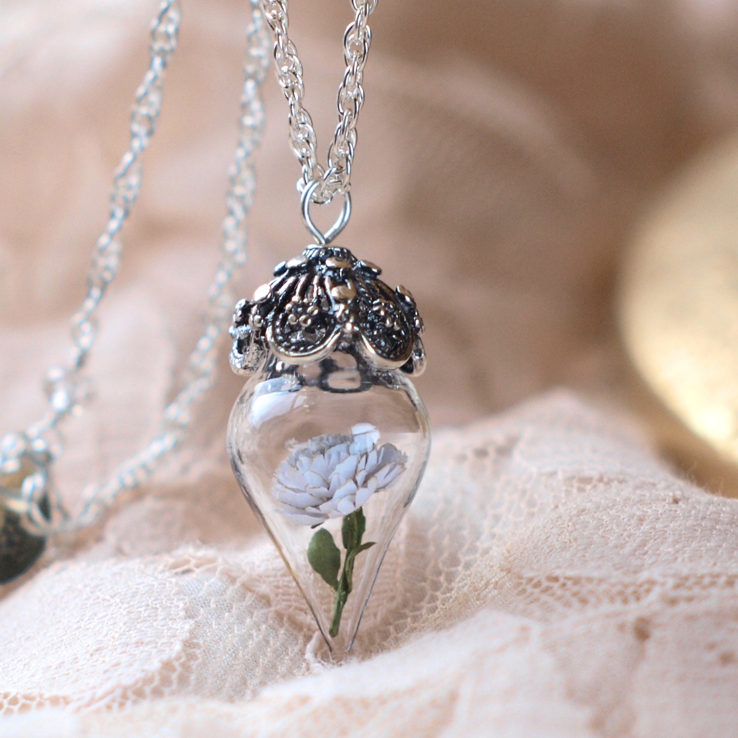 White Peony Tiny Flower Terrarium Bridal Wedding Necklace by Woodland Belle
