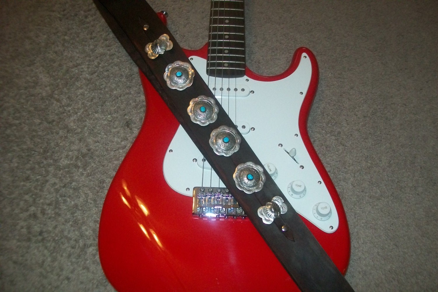 Turquoise Vintage Concho Guitar Strap in Mahogany Leather