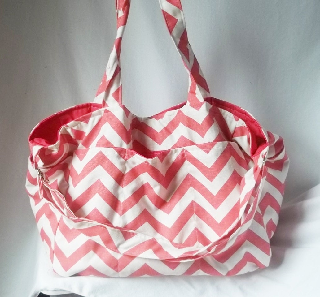 Monogrammed Chevron diaper bag - Coral zig zag medium weekender -Made to Order