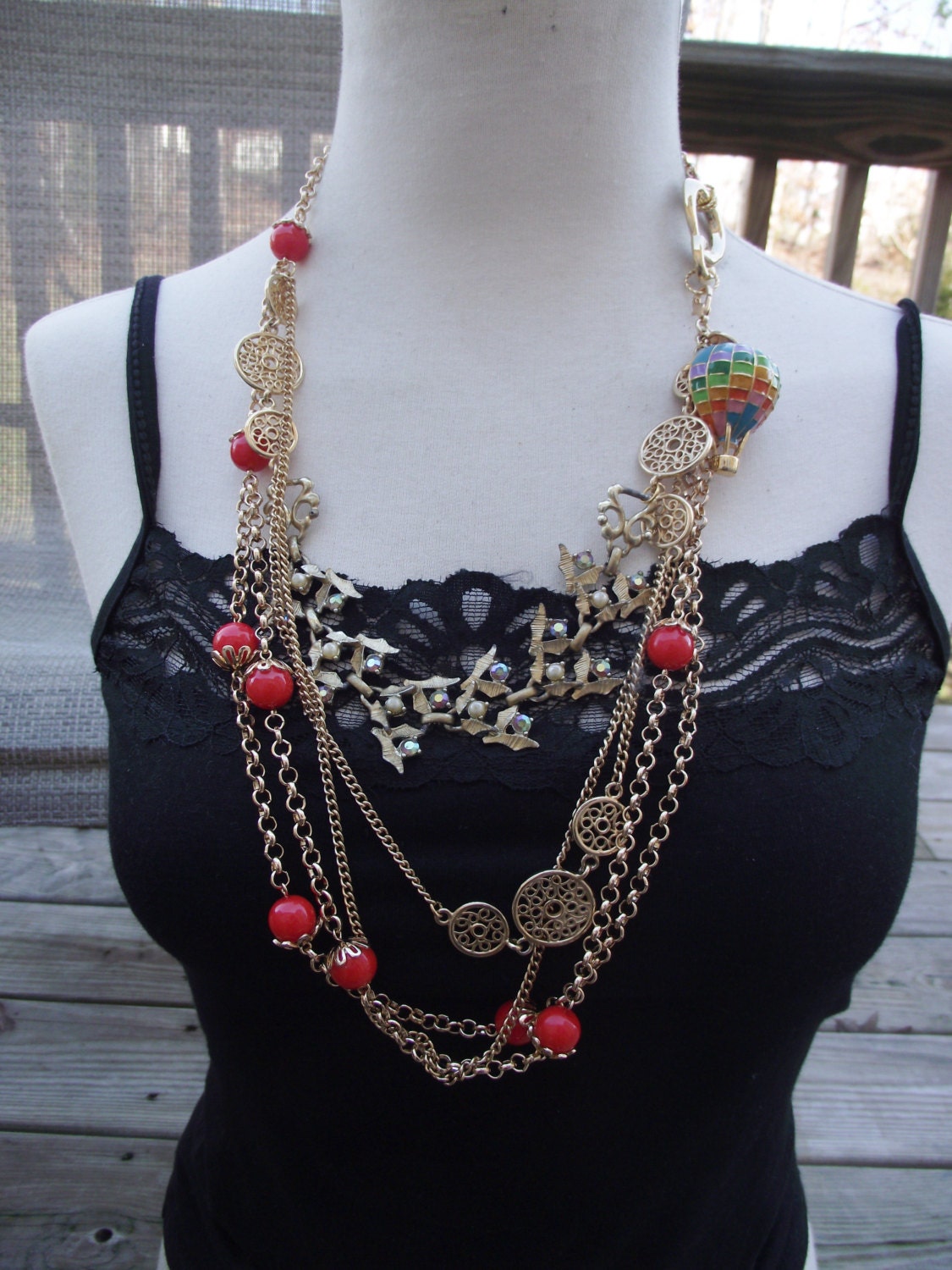 Possibilities - Upcycled Old Rhinestone Hot Air Balloon Brooch, Rhinestone Locket Necklace