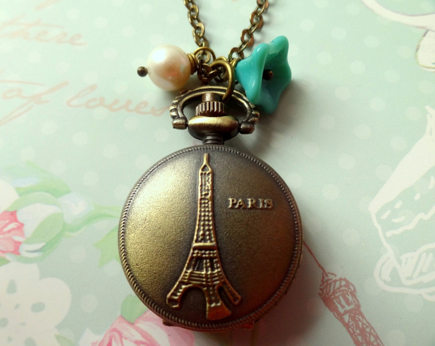 Springtime in Paris. Vintage Inspired Eiffel Tower Pocket Watch with Flower and Pearl Necklace.