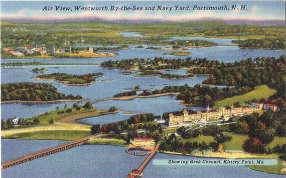 Vintage New Hampshire Postcard - Aerial View of Wentworth By the Sea and Portsmouth Navy Yard (Unused)