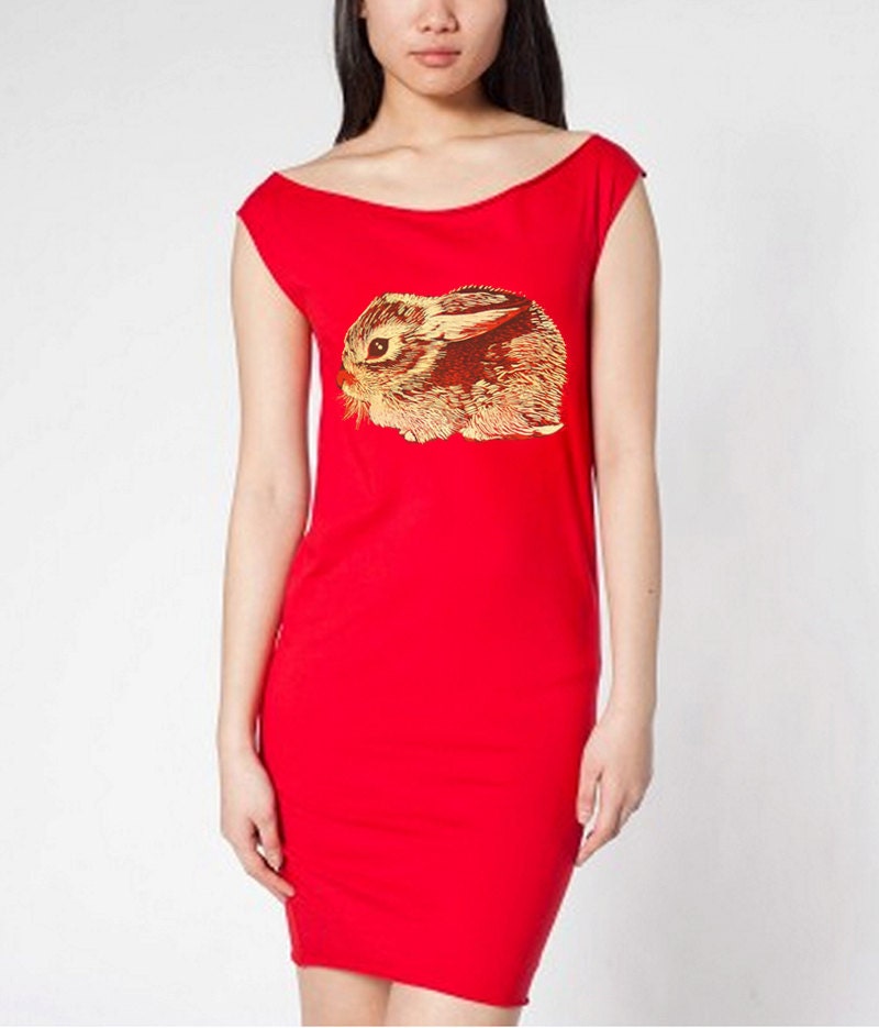 Baby Cottontail Rabbit tshirt dress - eco friendly gold and brown ink screenprint on red cotton - sizes S, M, L