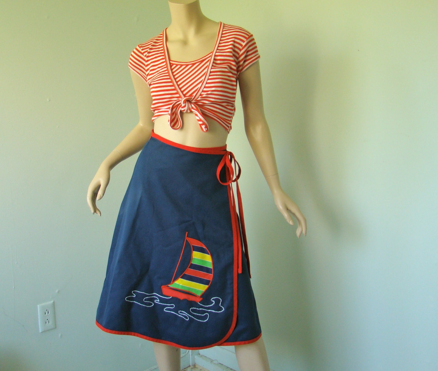 Nautical Navy Blue Skirt- 1970's Sailboat Sailor- Primary Colors- A-line & Wrap Style Midi
