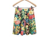 80s Cotton Skirt Mini Asian Floral Peacock Print, Homemade Short Skirt Multi Color XS S 24 in. waist