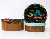 Wood Snack Bowls - Vintage Set - Potato Chips, Pretzels, and Peanuts - Custom Mustache Print Liners Reversible and Washable - Mint Green