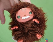 Cute Monster Clutch Purse Clay Sculpture - handmade pouch wild critter with Faux Brown fur and Salmon skin - Kriture n. 102