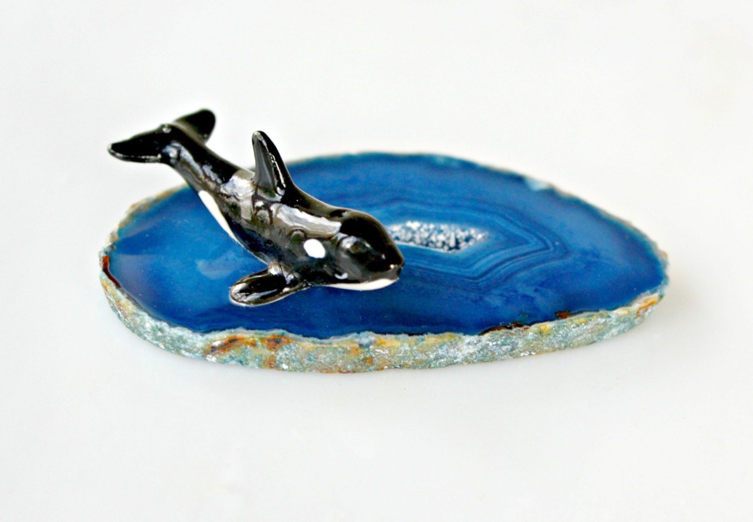 Orca Whale Sculpture - Miniature Collectible Porcelain Killer Whale Miniature Figurine on Ocean Blue Agate Home Decor by Mei Faith