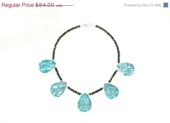 HOT SALE Black Crystal Necklace - with Chunky Teal Aqua Blue Jasper Gemstones Breaking Ocean Waves Blue by Mei Faith