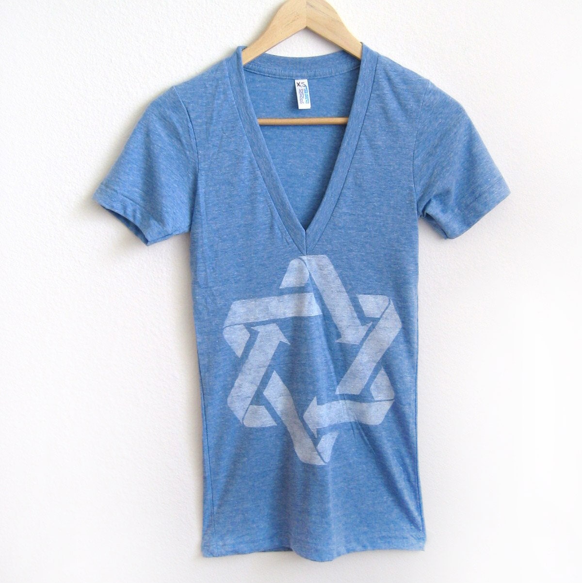 Green Eco Jewish Star of David Hand STENCILED Recycling Tee - Heather Athletic Blue - XS S M L XL 2XL