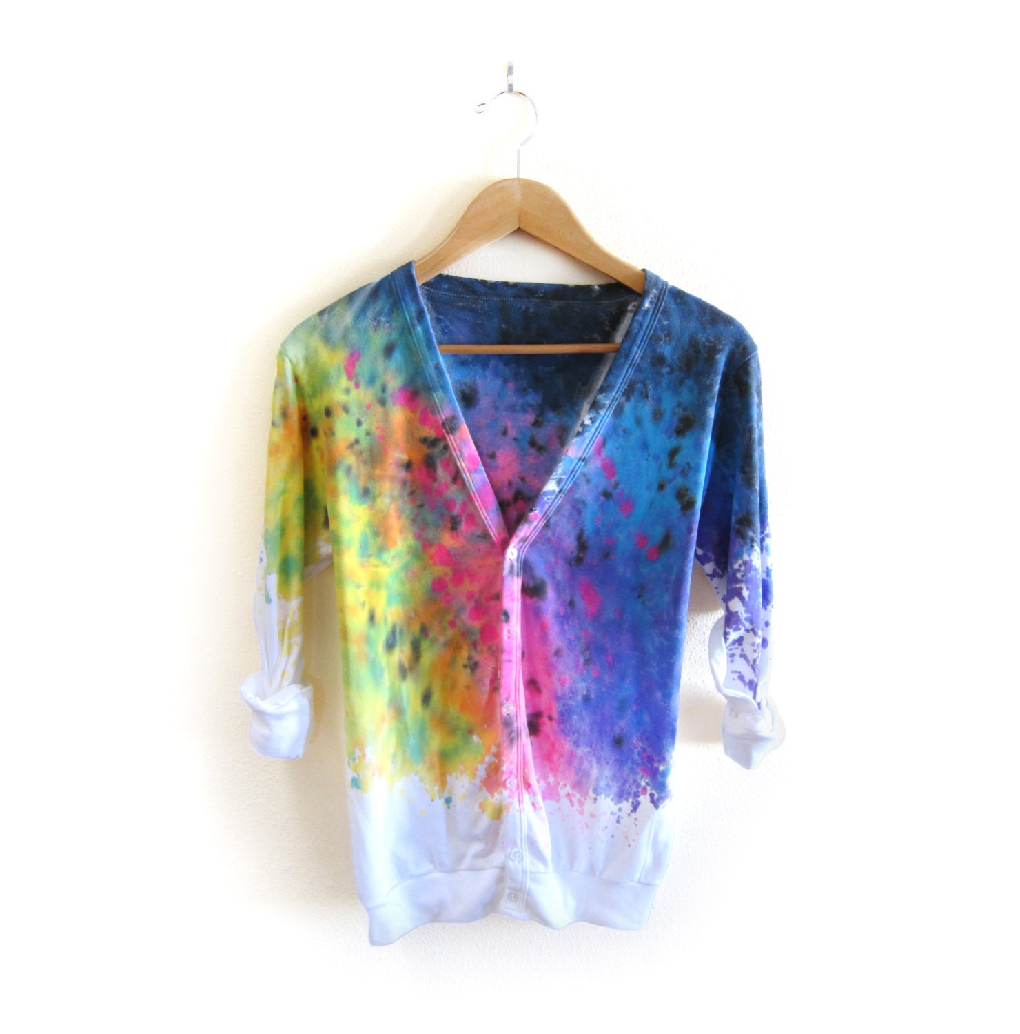 The Original "Splash Dyed" Hand PAINTED Slouchy Button Deep V Neck Cardigan Jacket in Spectrum Rainbow - S M L XL