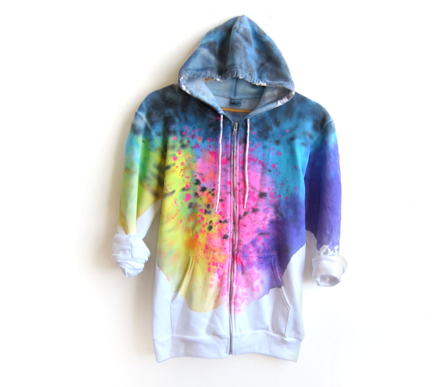 The Original "Splash Dyed" Hand PAINTED Fleece Pocket Zip Hoodie Sweatshirt in White Spectrum Rainbow - XS S M L XL 2XL 3XL