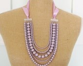 Lavender Purple Pearl Multi Strand Statement Necklace Purple Satin Ribbon Adjustable - Wedding, Bridal, Bridesmaid Chunky
