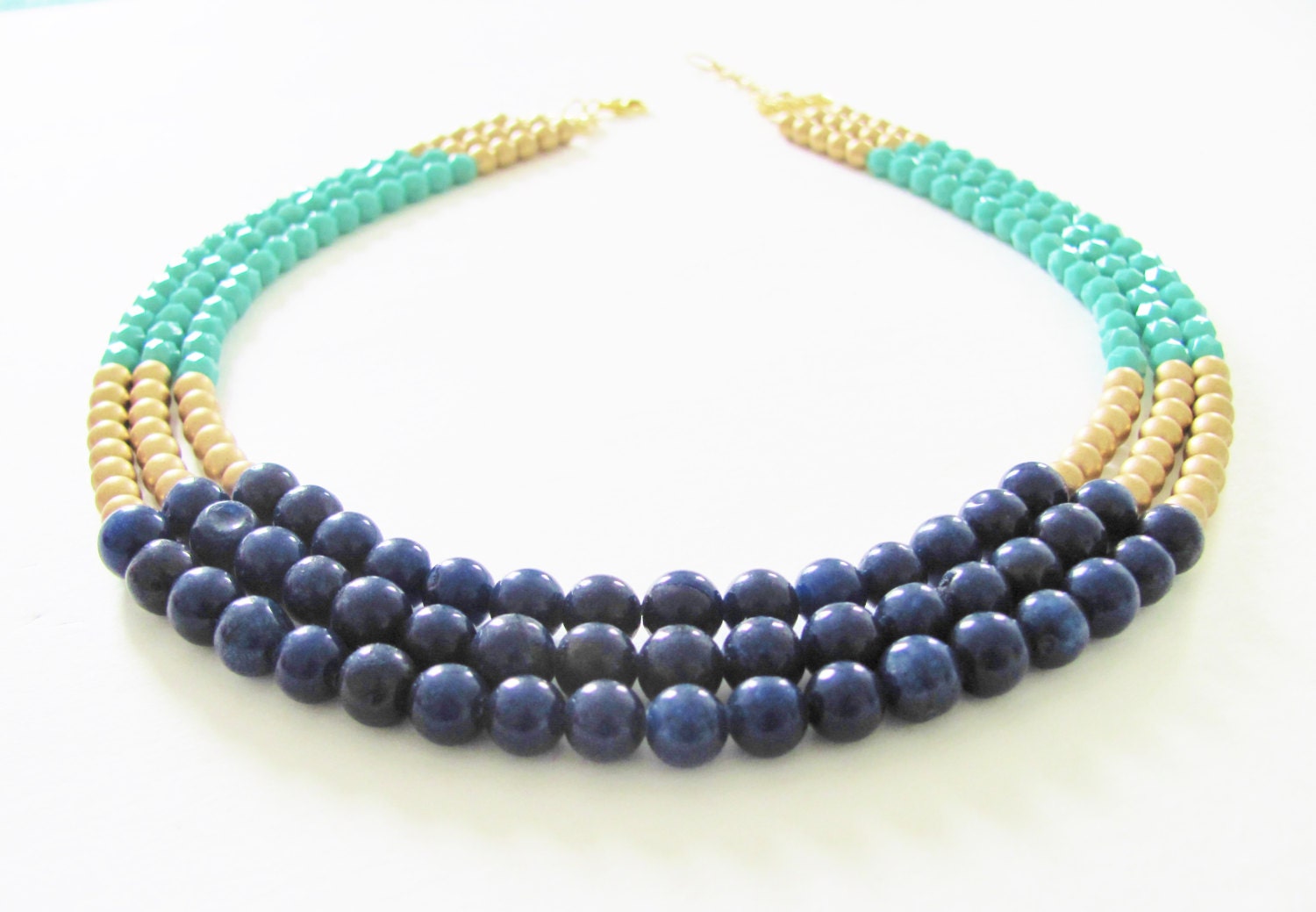 Color Block Necklace Matte Gold  and Turquoise Czech Glass Navy Blue Dyed Jade Statement Necklace Wedding, Bridal, Bridesmaid, Beach