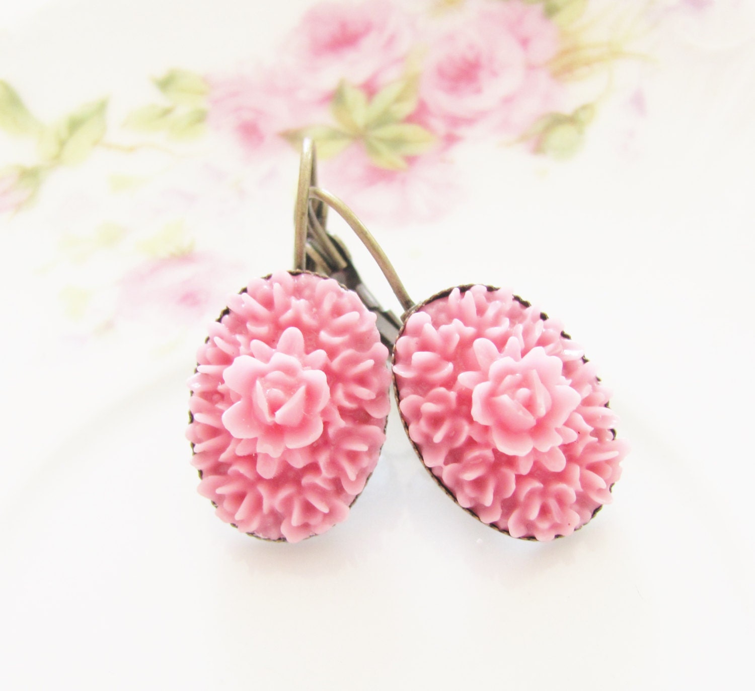 Pink Carved Flower - Pastel Aqua Blue Carved Flower Bohemian Antique Brass Earring Drop Dangles - Wedding, Bridal, Bridesmaid