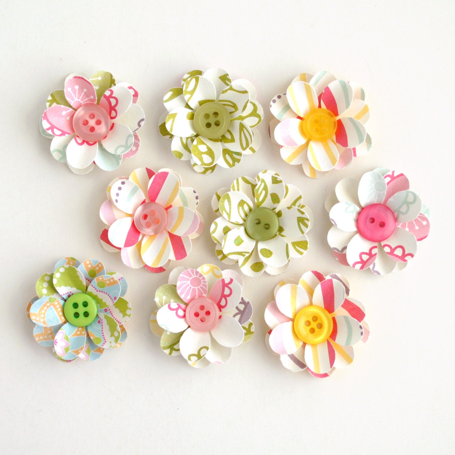 HANDMADE Layered FLOWERS with BUTTON Centers - 9 count