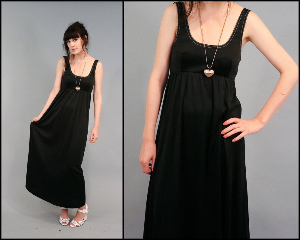Vintage 60s 70s Black Empire Long Maxi Dress ( XS )