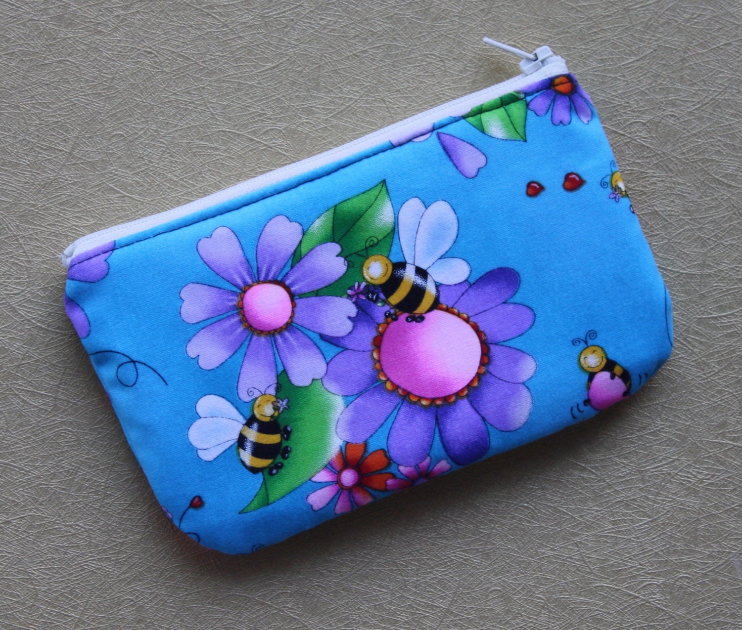 Padded Coin Purse in Pretty Blue Fabric with Flowers and Bees