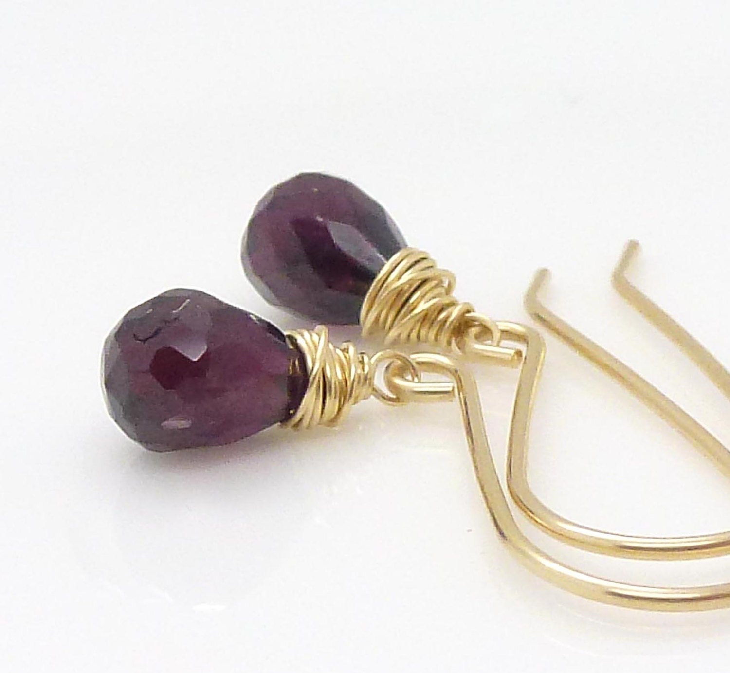 Gold garnet earrings. Red garnet earrings. Gold wire wrapped earrings. Garnet briolette earrings