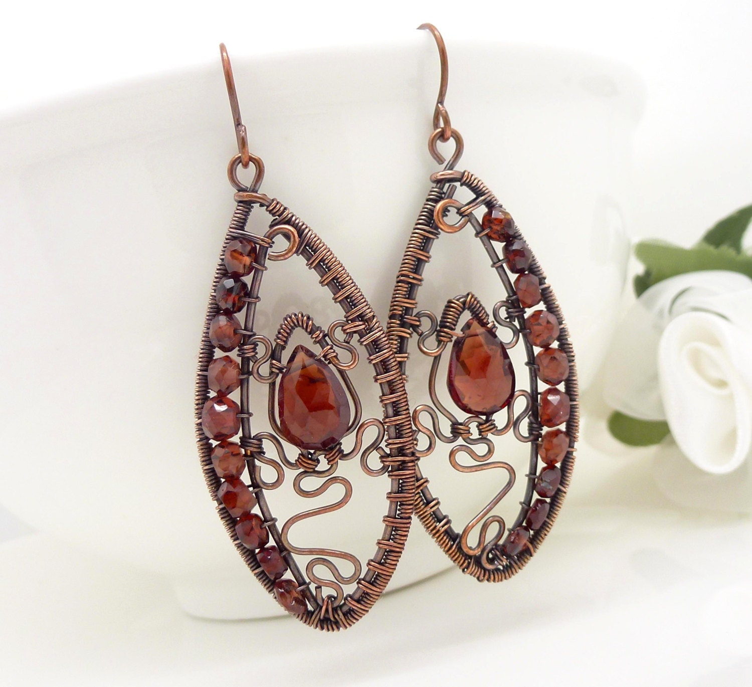 Garnet and copper earrings, wire wrapped garnet earrings, long copper wire wrapped earrings, dark red earrings, copper jewelry