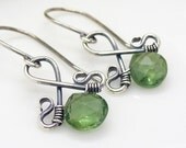 Green apatite earrings - Small leaf green gemstone earrings, Olive green earrings, Sterling silver wire wrapped earrings, Apatite jewelry
