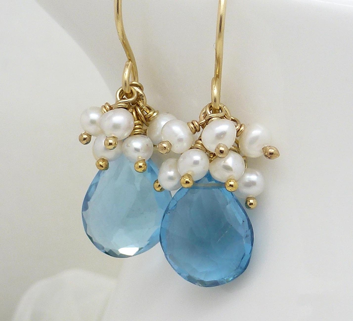 London blue topaz earrings, Gold blue topaz jewelry with white freshwater pearls, december birthstone earrings