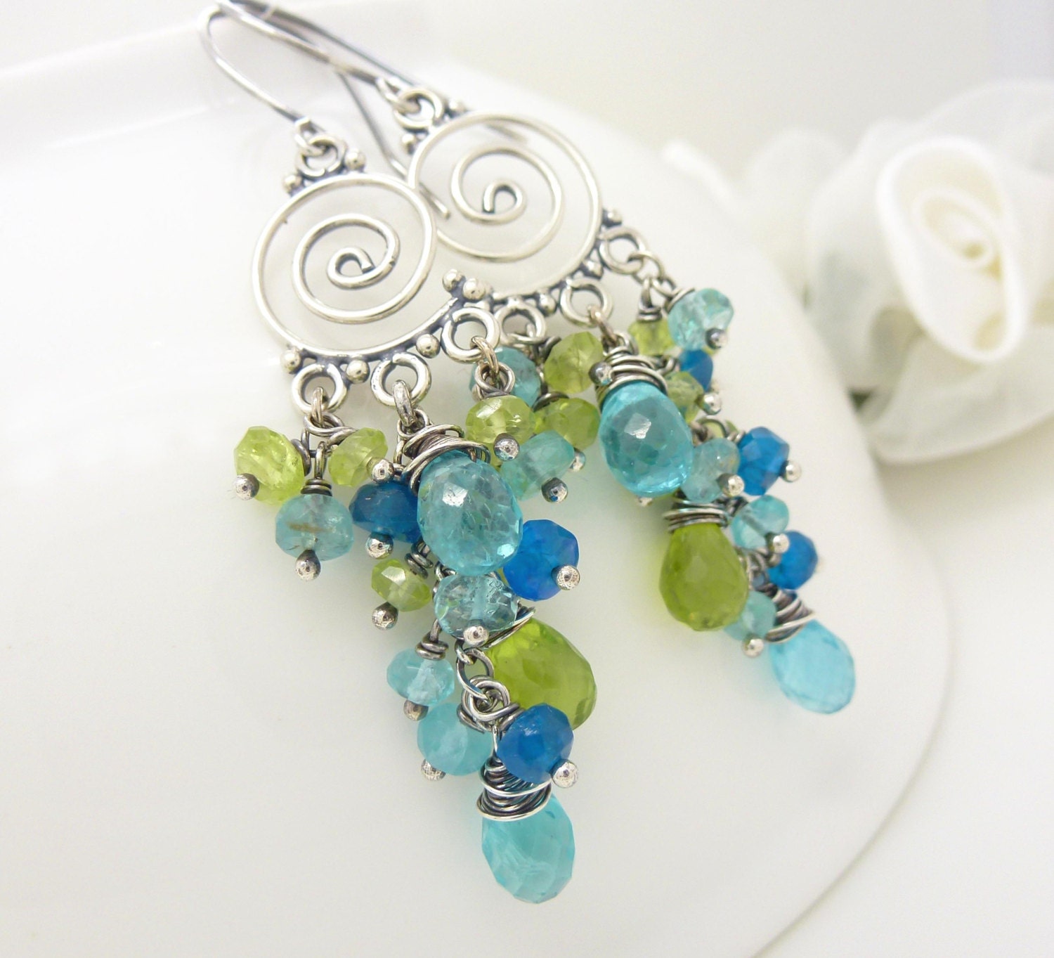 Peridot and apatite earrings, aqua blue, lime green, oxidized sterling silver, long blue and green cluster earrings