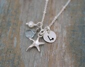 Personalized bridal party necklace - custom handstamped initial, sky blue topaz, pearl, sterling silver starfish charm - beach wedding gift