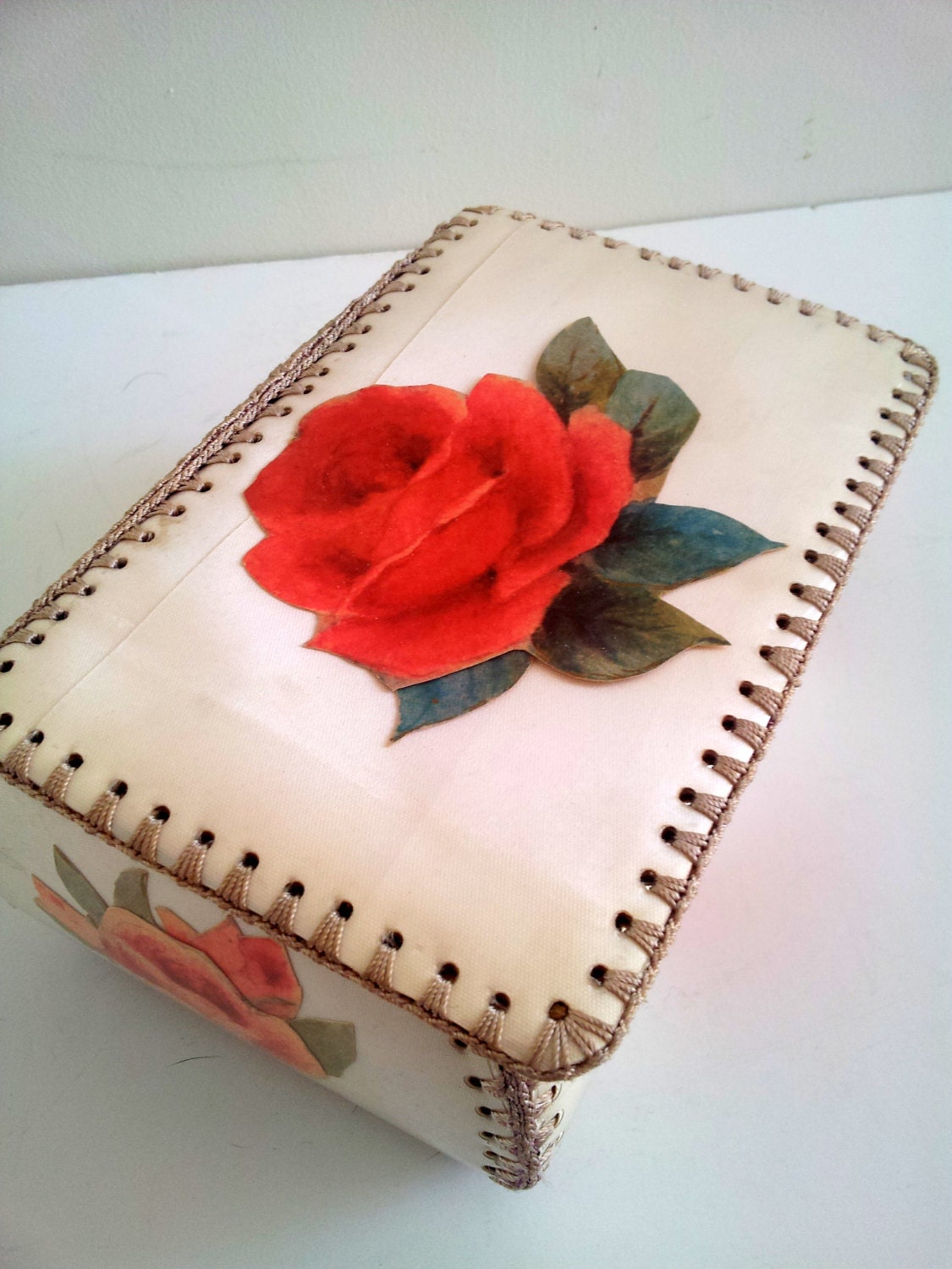 Vintage Handmade Recycled Greeting Card Box Red Roses Wedding Bells Pink