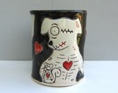 Zombie Dog Mug, Large, With Undead Squirrel, Black And White With Red Hearts