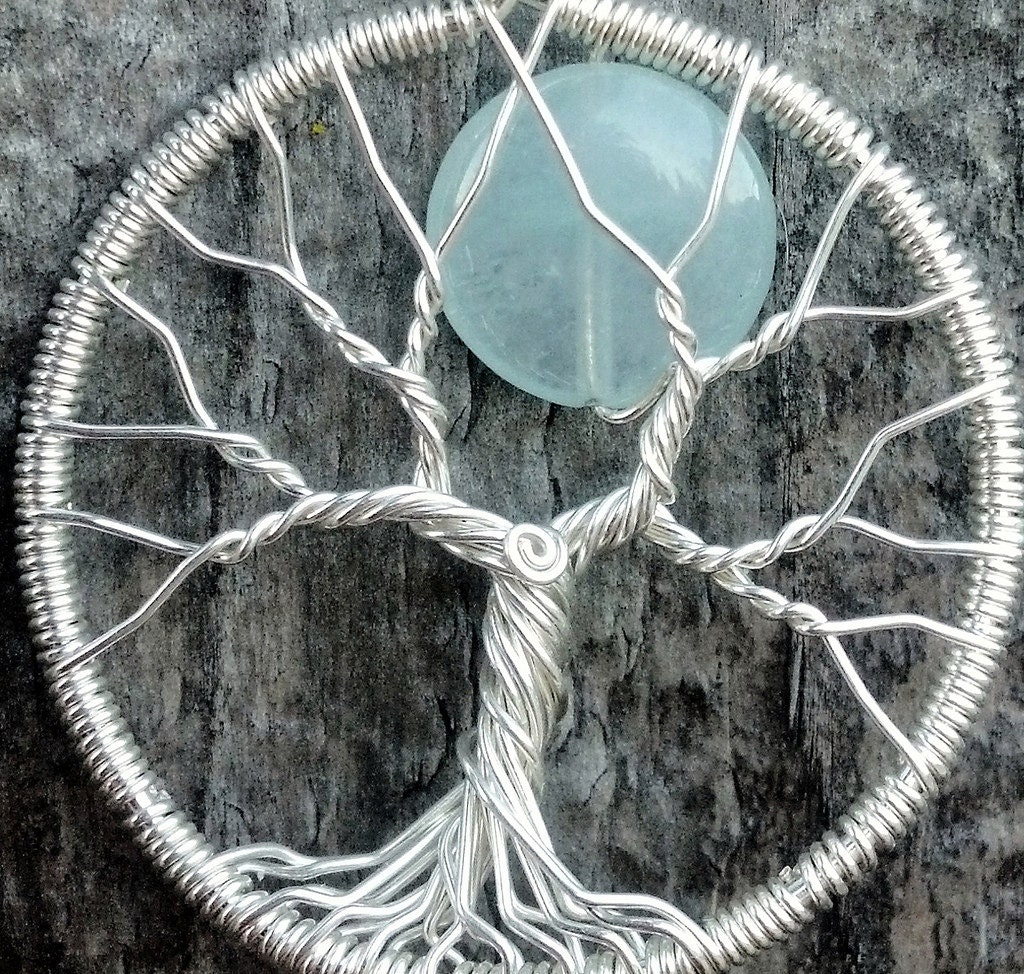 Blue Moon Tree of Life Pendant - Sterling Silver and Aquamarine - March Birthstone - Original Design by Ethora