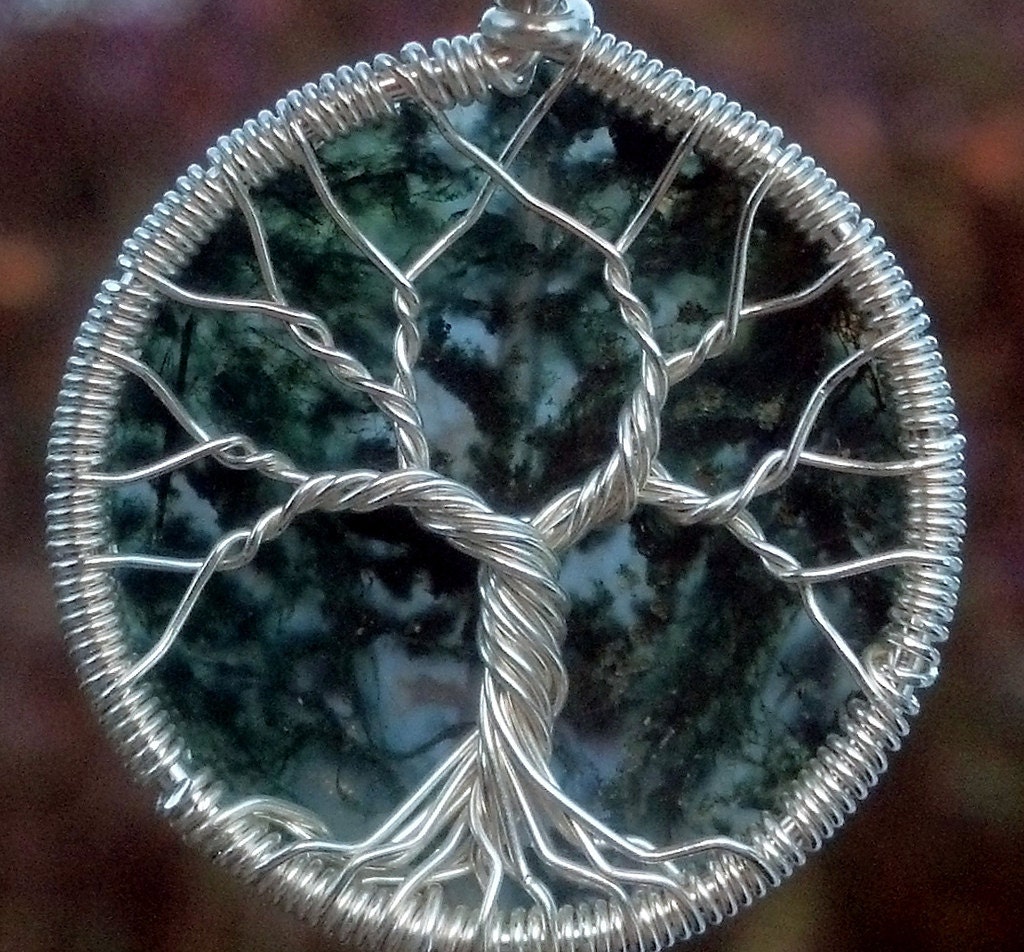 Small Moss Agate Tree of Life Pendant - Recycled Sterling Silver and Natrural Gemstone - Original Design by Ethora