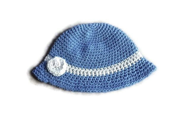 Womens Cotton Cloche  Flapper Style Summer Nautical Blue with White Stripe Crocheted Eco Natural Mothers Day
