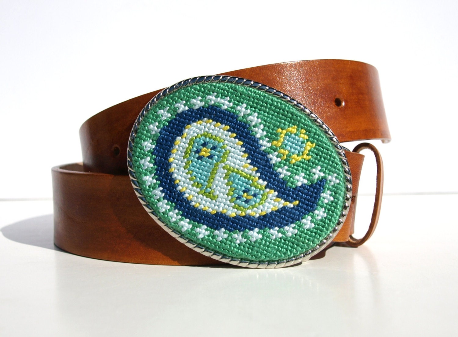 Needlepoint Emerald and Navy Paisley Belt Buckle