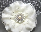 Flower Russian Bridal Veil Hair Fascinator-Rhinestone and Pearl -White, Alligator Clip