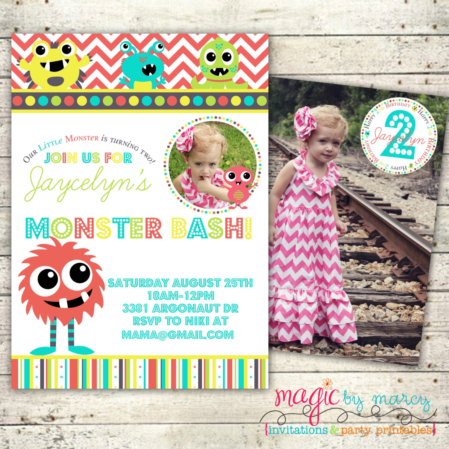 Party Printable Pack Digital Monster Birthday Bash invitations, favor tag, water bottle labels, cupcake topper Il_570xn