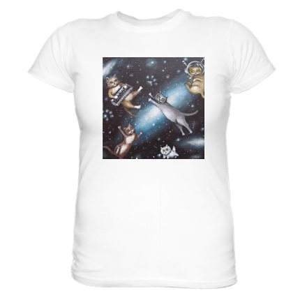 CATS in SPACE lowbrow new wave kitty cats in space Tee SHIRT by Nina Friday and Lucy the cat