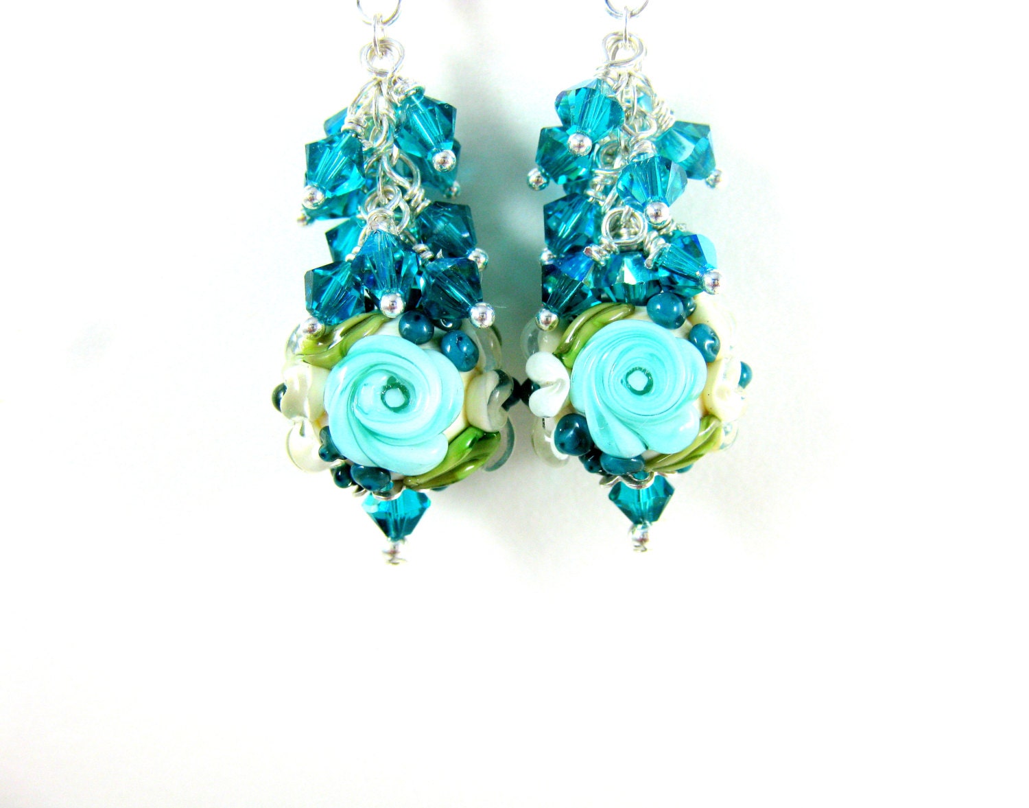 Teal Flower Dangle Earrings, Ivory Teal Turquoise Floral Lampwork Earrings, Rose Beadwork Earrings, Teal Crystal Cluster Earrings - Anna