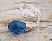 Elegant Blue Crystal Teardrop Necklace, Wire Wrapped with Sterling Silver