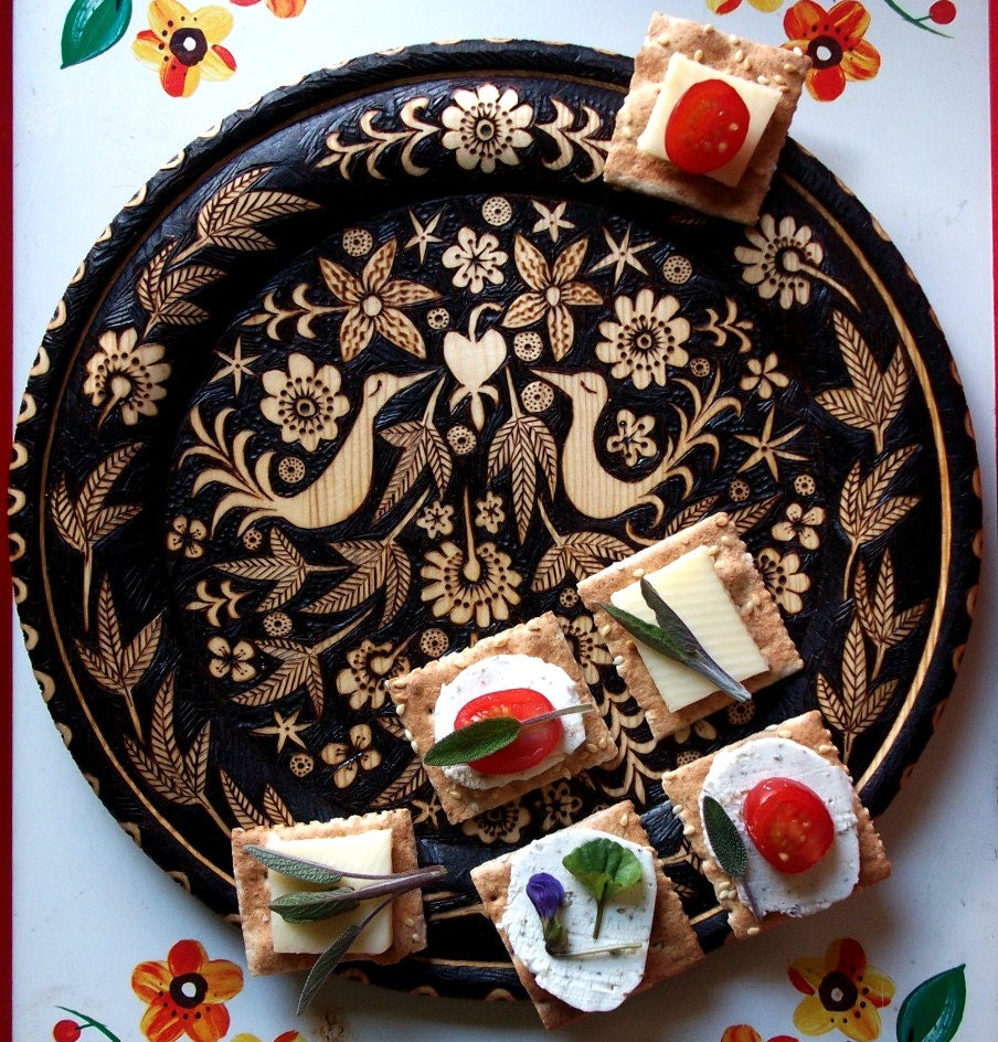 Custom 9 1/2 inch Serving Plate-ooak  lovebird flower leaf  valentine design-bleeding heart flowers, ivy leaves-wood burning